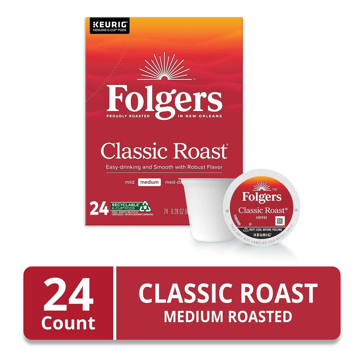 Folgers Classic Roast, Medium Roast Coffee, Keurig K Cup Pods, 24 ct