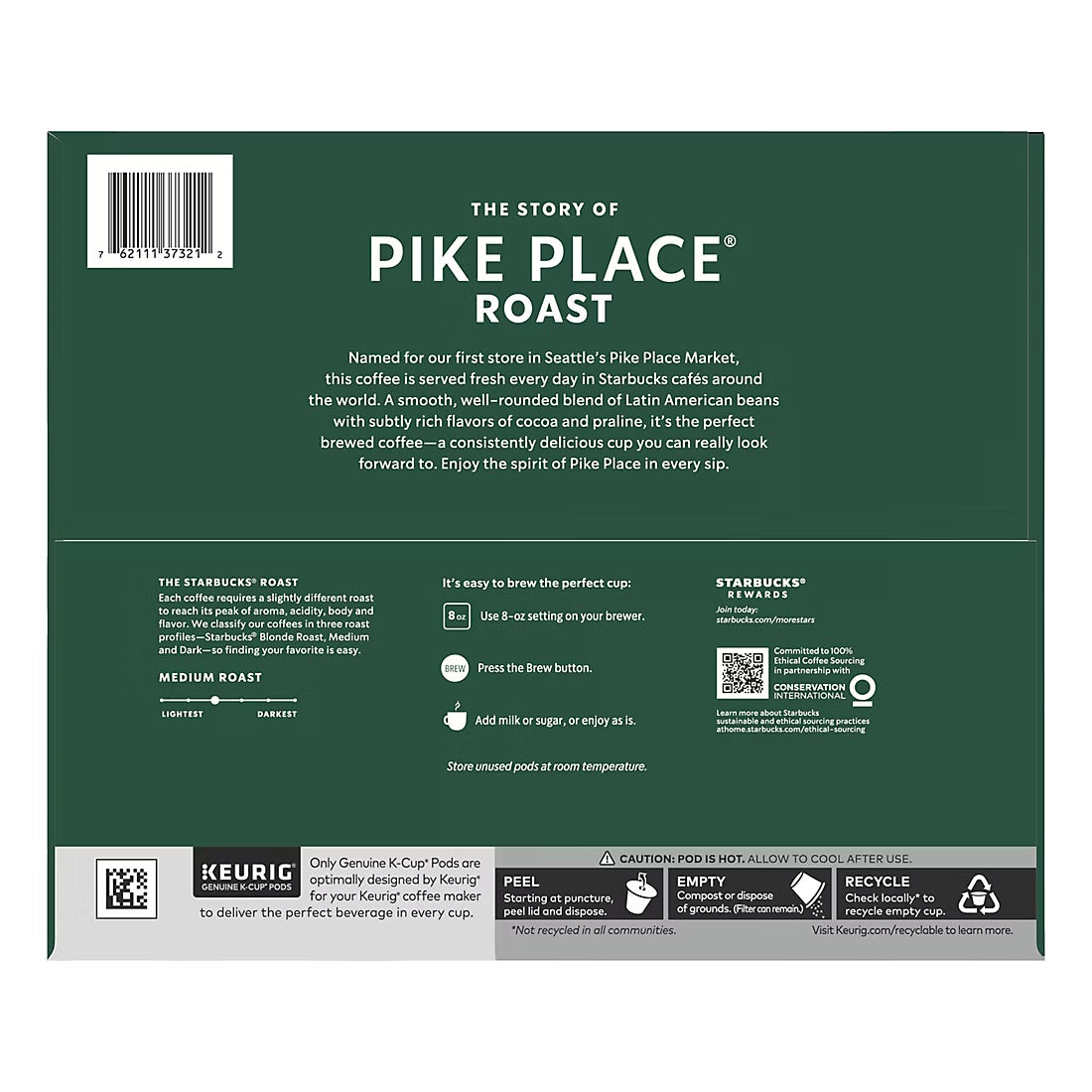 Starbucks Pike Place Roast Medium Roast Coffee K-Cup Pods, 72 ct