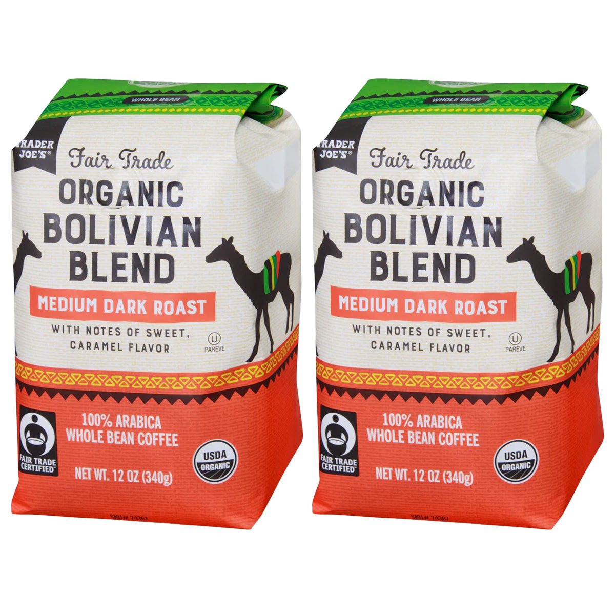 Trader Joe's Fair Trade Organic Bolivian Blend, Medium Dark Roast Whole Bean Coffee, 12 oz. - 2 Pack