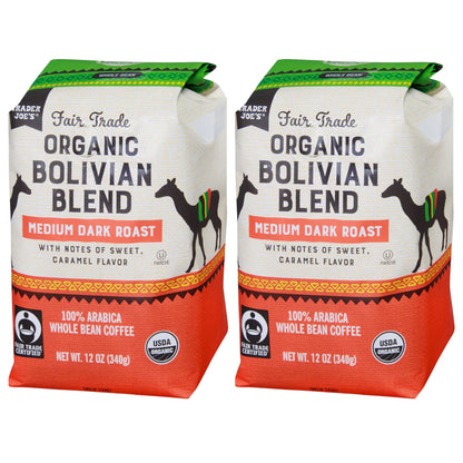 Trader Joe's Fair Trade Organic Bolivian Blend, Medium Dark Roast Whole Bean Coffee, 12 oz. - 2 Pack