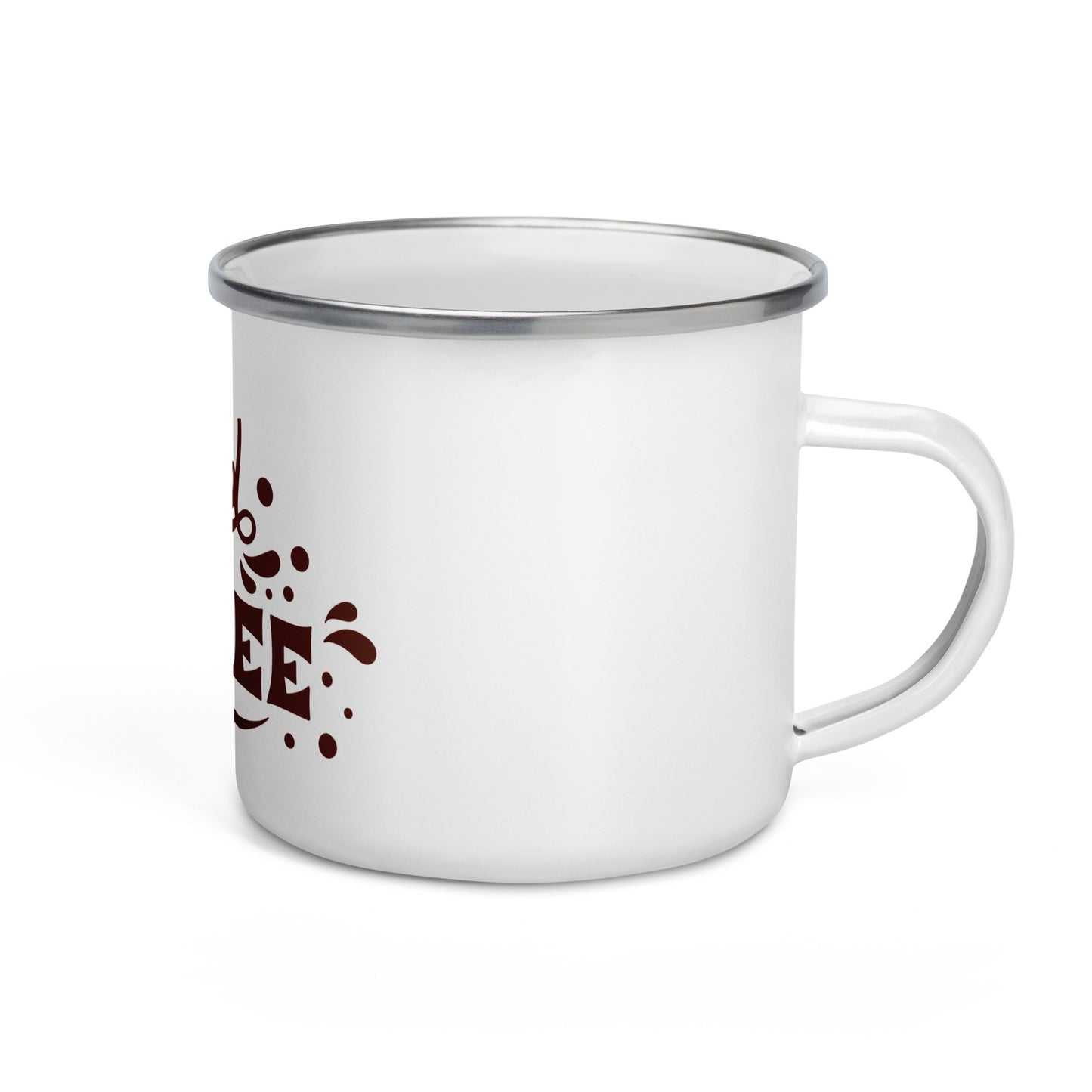 White Enamel Coffee Mug with a Silver Rim - I Need Coffee