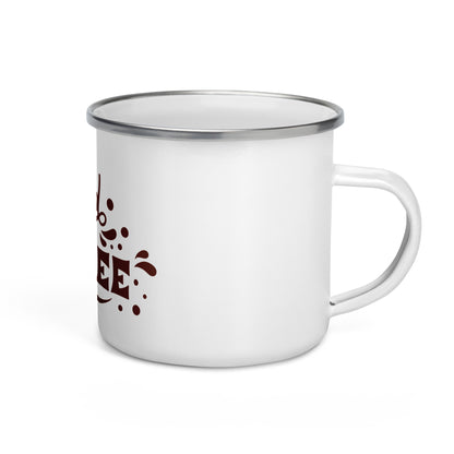 White Enamel Coffee Mug with a Silver Rim - I Need Coffee