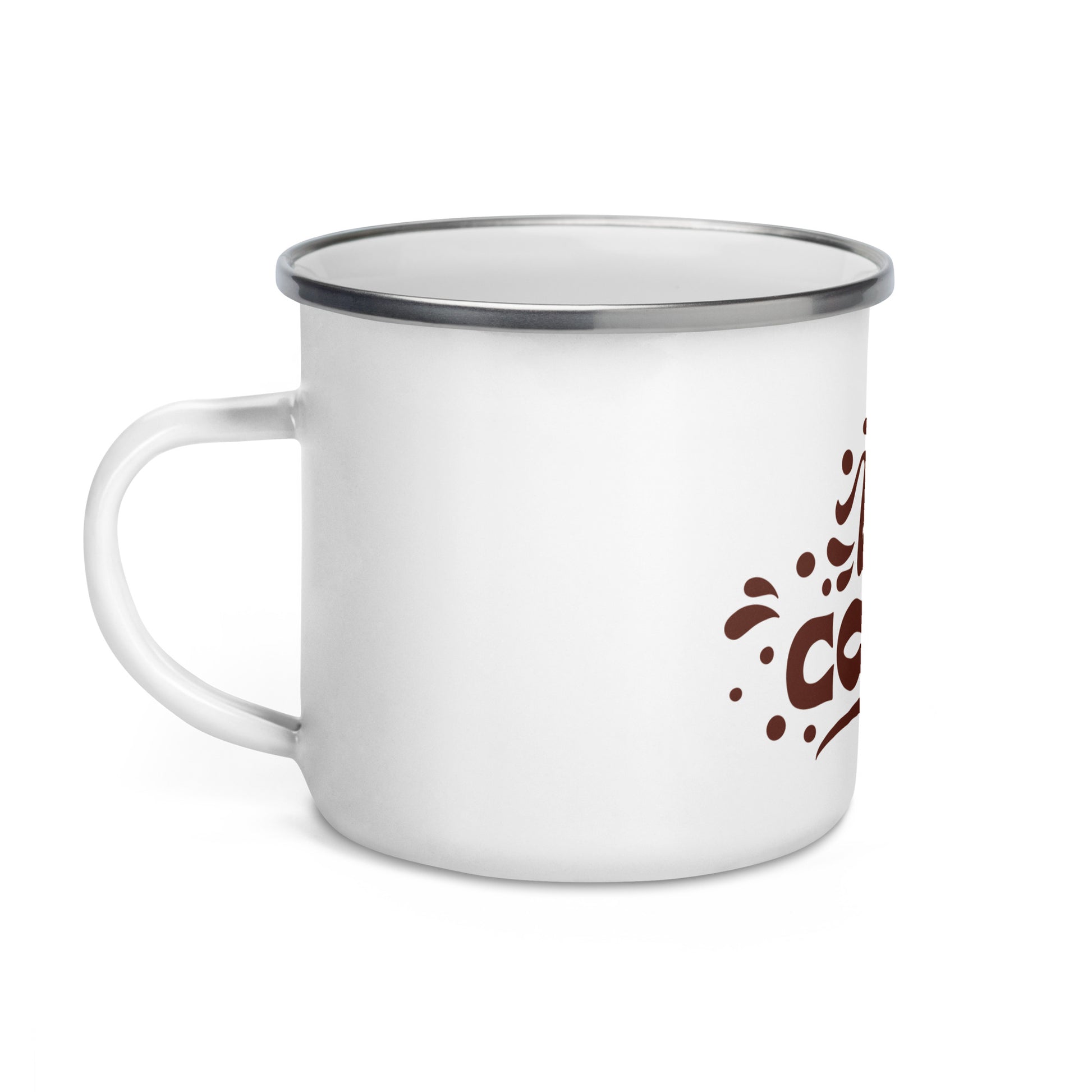 White Enamel Coffee Mug with a Silver Rim - I Need Coffee