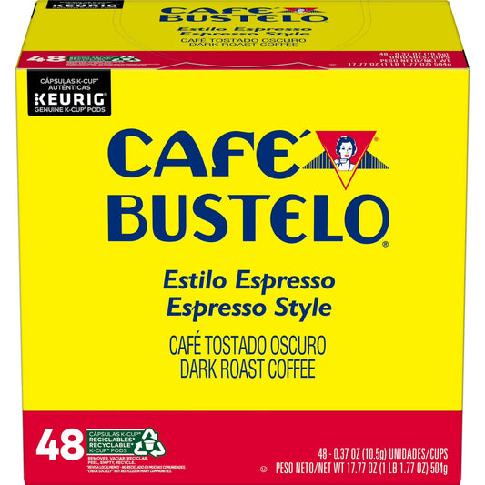 Cafe Bustelo Espresso Style, Dark Roast Coffee, Keurig K Cup Pods, 48 Count Box