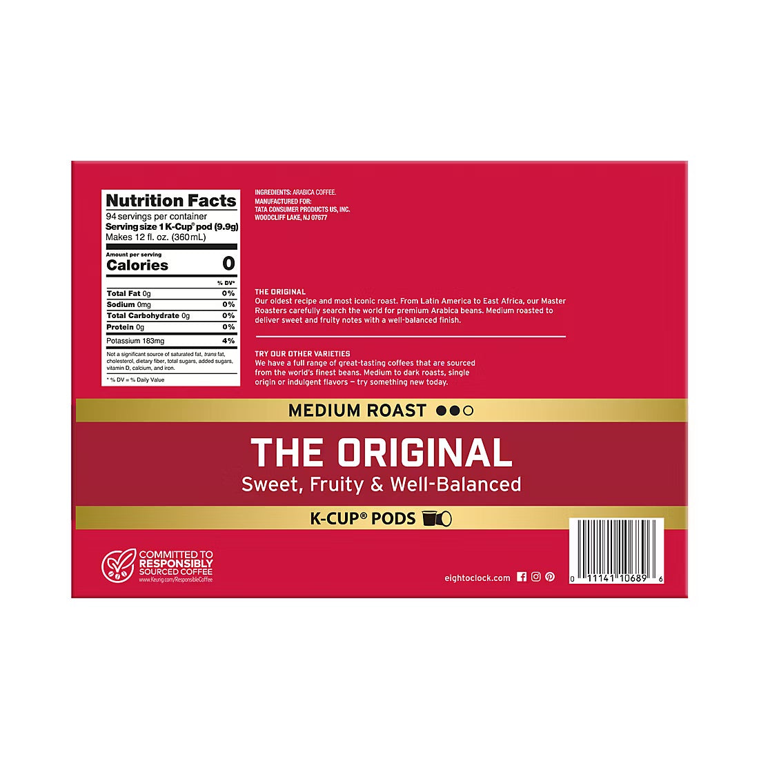 Eight O'Clock K-Cup Pods The Original Arabica Coffee Medium Roast, 94 ct.