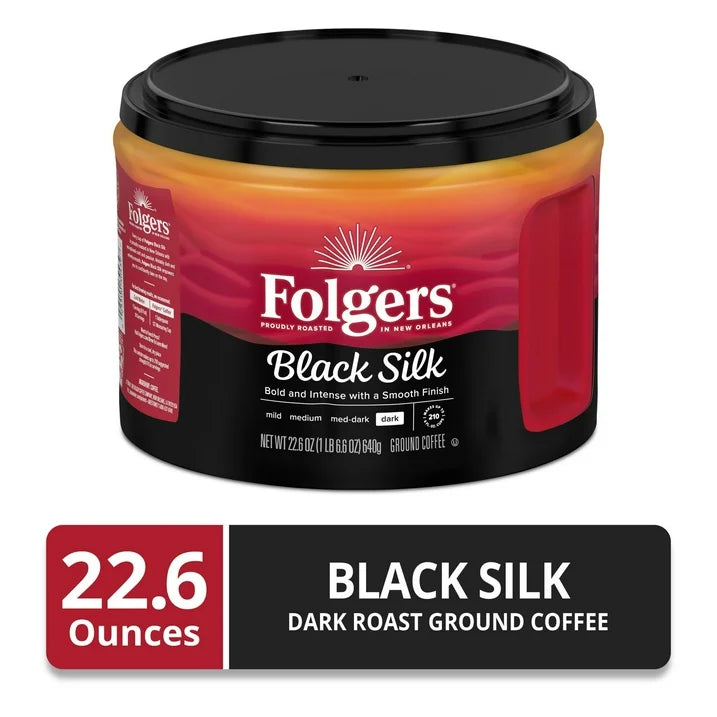 Folgers Black Silk Ground Coffee Dark Roast,
22.6 oz Canister