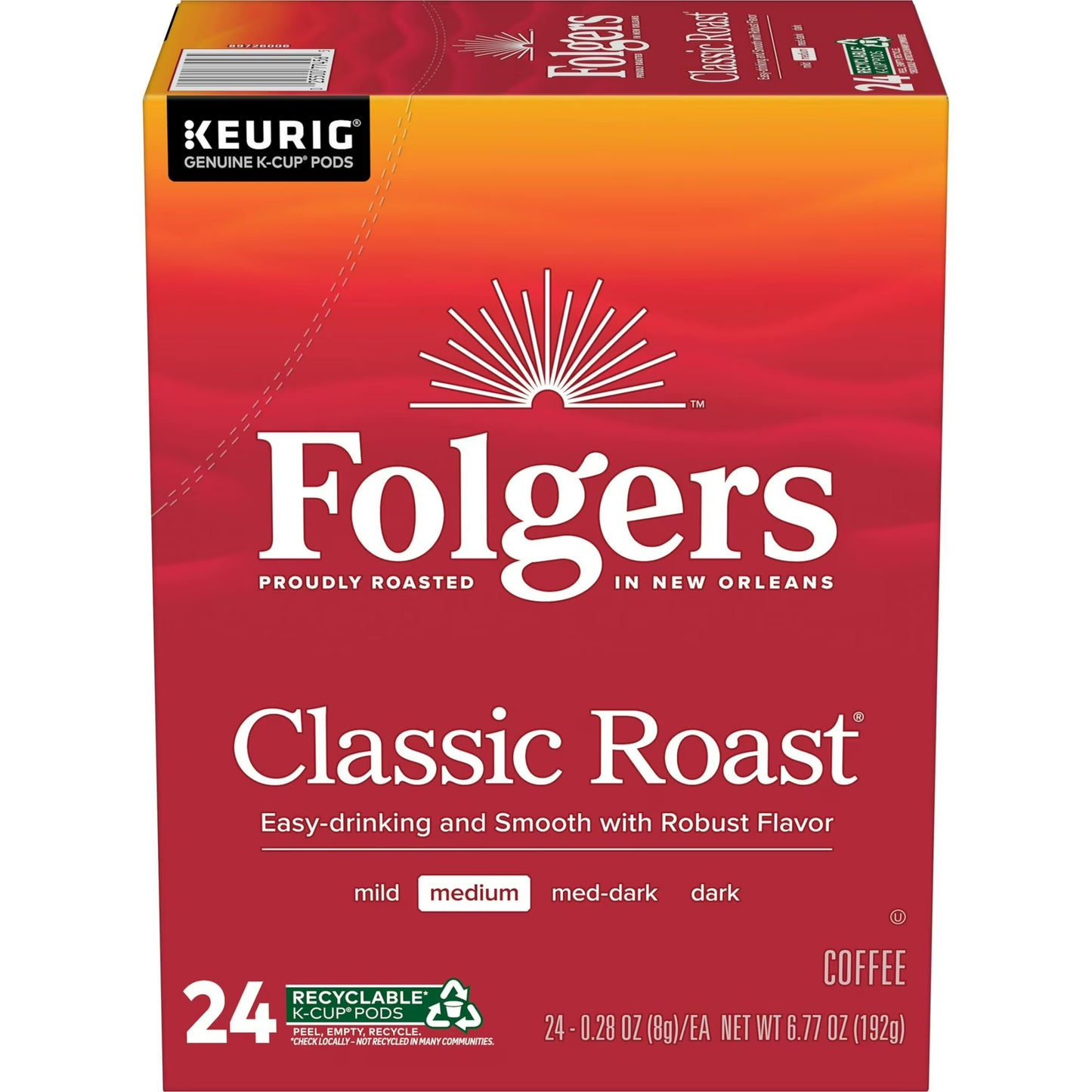 Folgers Classic Roast, Medium Roast Coffee, Keurig K Cup Pods, 24 ct