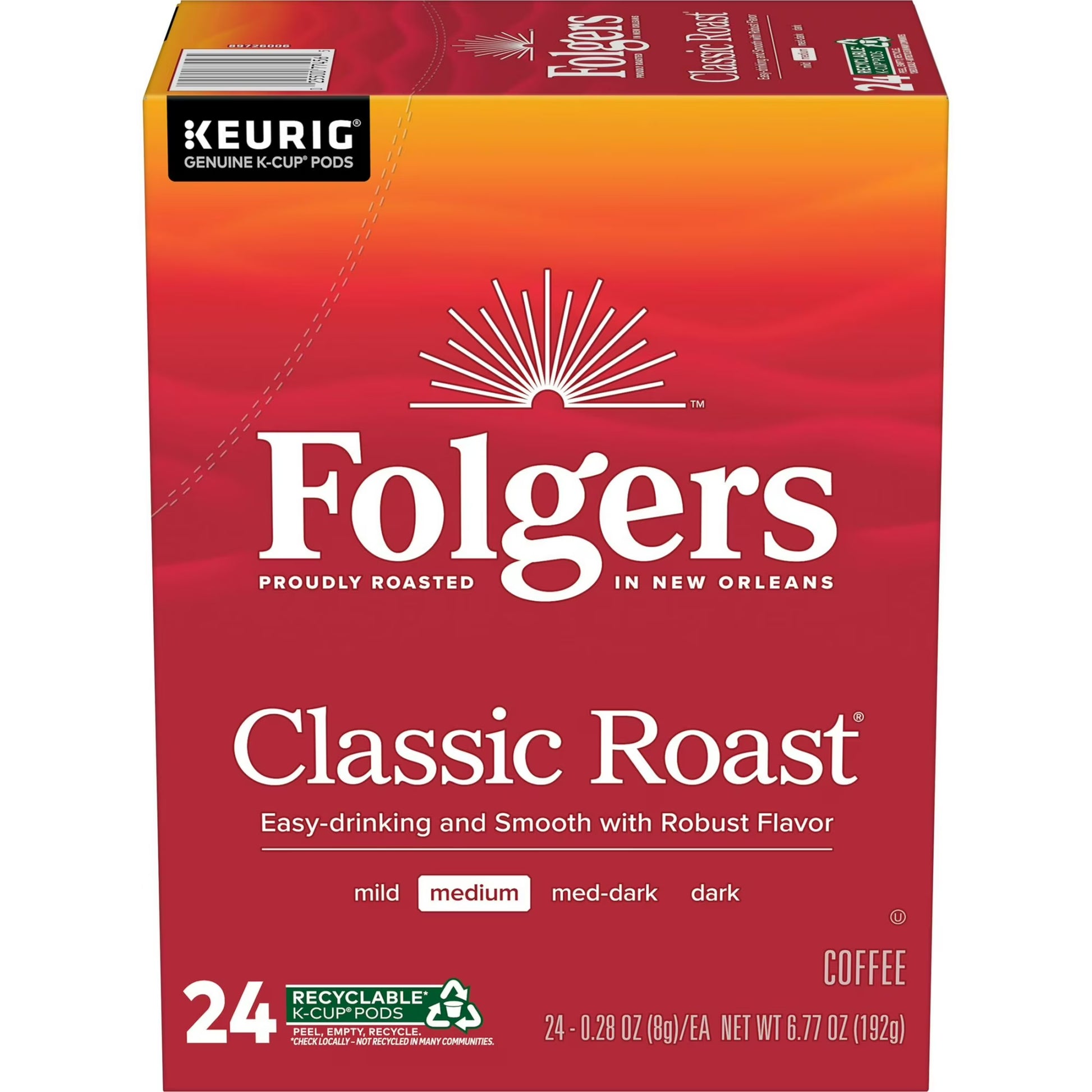 Folgers Classic Roast, Medium Roast Coffee, Keurig K Cup Pods, 24 ct