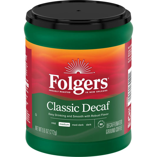 Folgers Decaf Coffee, Ground Coffee, Classic Medium Roast, Canister, 9.6 oz