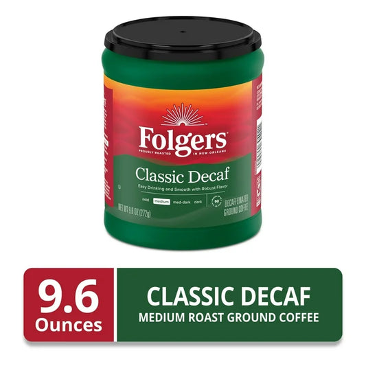 Folgers Decaf Coffee, Ground Coffee, Classic Medium Roast, Canister, 9.6 oz