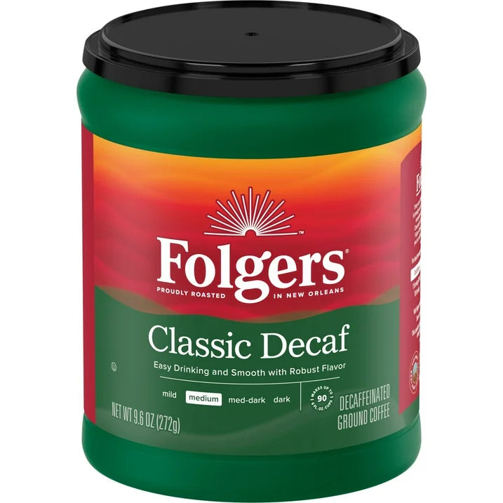 Folgers Decaf Coffee, Ground Coffee, Classic Medium Roast, Canister, 9.6 oz