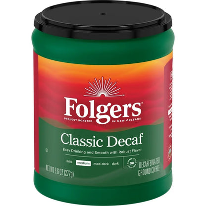 Folgers Decaf Coffee, Ground Coffee, Classic Medium Roast, Canister, 9.6 oz