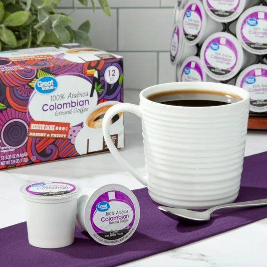 Great Value 100% Arabica Colombian Medium Dark Roast Ground Coffee Pods, 12 Ct