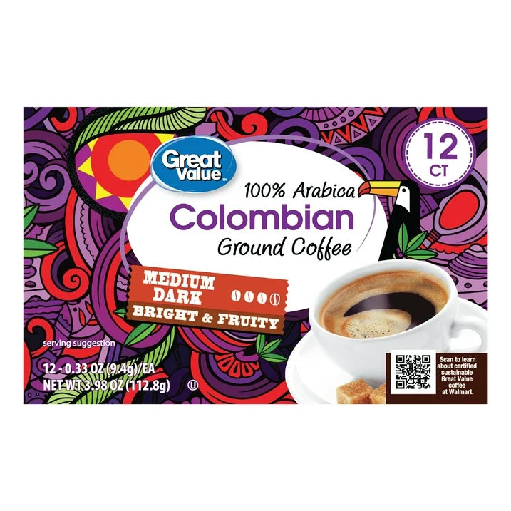 Great Value 100% Arabica Colombian Medium Dark Roast Ground Coffee Pods, 12 Ct