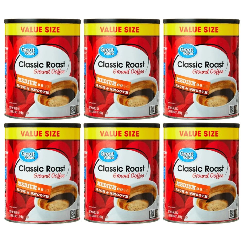 Great Value Classic Medium Roast Ground Naturally Caffeinated Coffee, 40.3 oz - 6 Pack