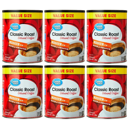 Great Value Classic Medium Roast Ground Naturally Caffeinated Coffee, 40.3 oz - 6 Pack