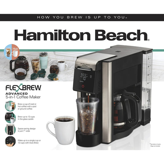 Hamilton Beach FlexBrew 5-in-1 Coffee Maker, Single Serve, 12-Cup Coffee Pot, Hot Iced, K Cup Pod Compatible or Grounds, Black