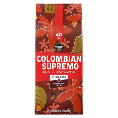 Wellsley Farms Colombian Supremo Whole Bean Coffee Medium Roast 40 oz