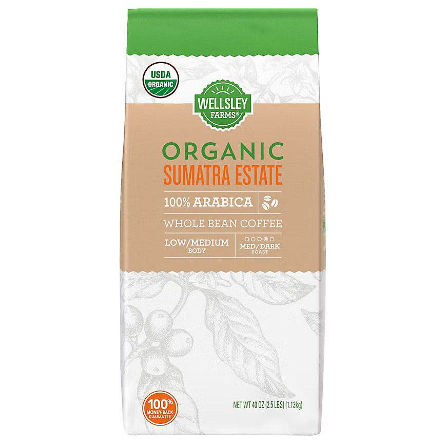 Wellsley Farms Organic Sumatra Estate Whole Bean Coffee 40 oz